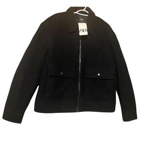 Zara Men's XL Black Wool Bomber Jacket Oversized Fit Mid-Length